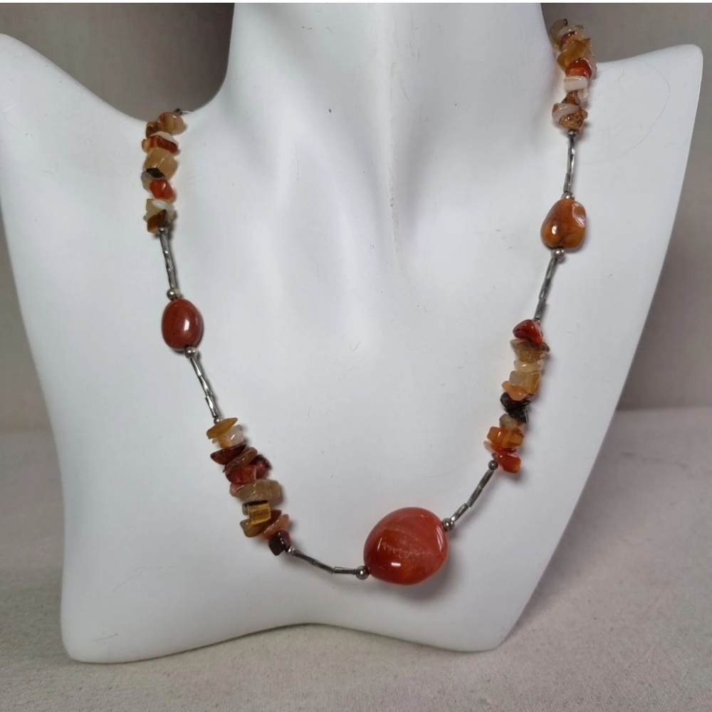 Sterling Silver Agate Necklace Amber Tone Toggle Clasp - Picture 1 of 10